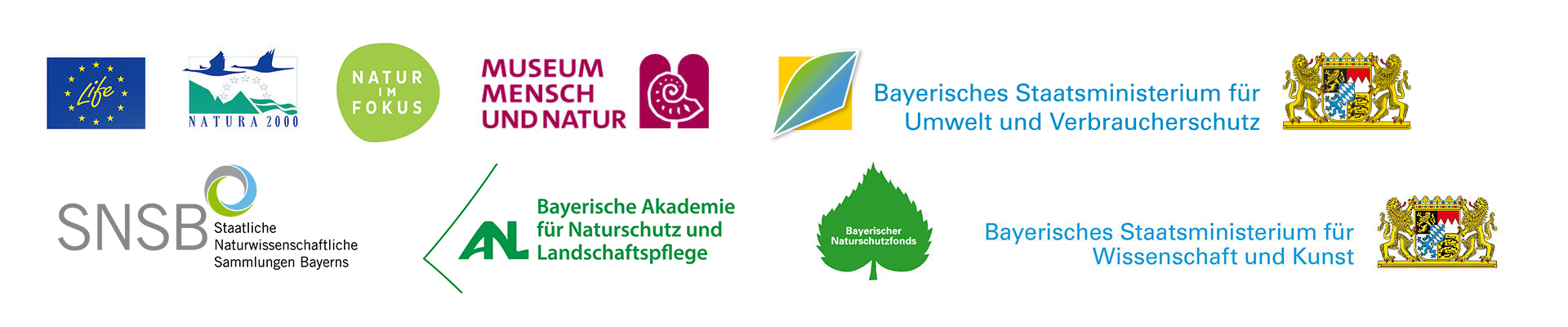Logoreihe: LIFE, Natura 2000, Natur im Fokus, Museum Mensch und Natur, Bayerisches Staatsministerium für Umwelt und Verbraucherschutz, Staatliche Naturwissenschaftliche Sammlung Bayern, Bayerische Akademie für Naturschutz und Landschaftspflege, Bayerischer Naturschutzfonds, Bayerisches Staatsministerium für Wissenschaft und Kunst